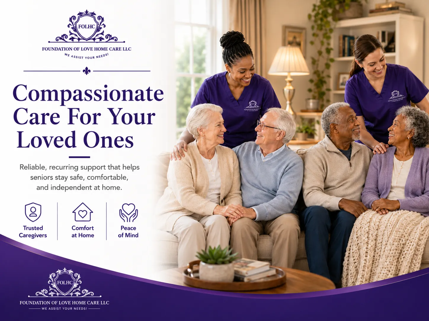 Compassionate care for your loved ones โ Foundation of Love Home Care caregiver with a senior couple at home