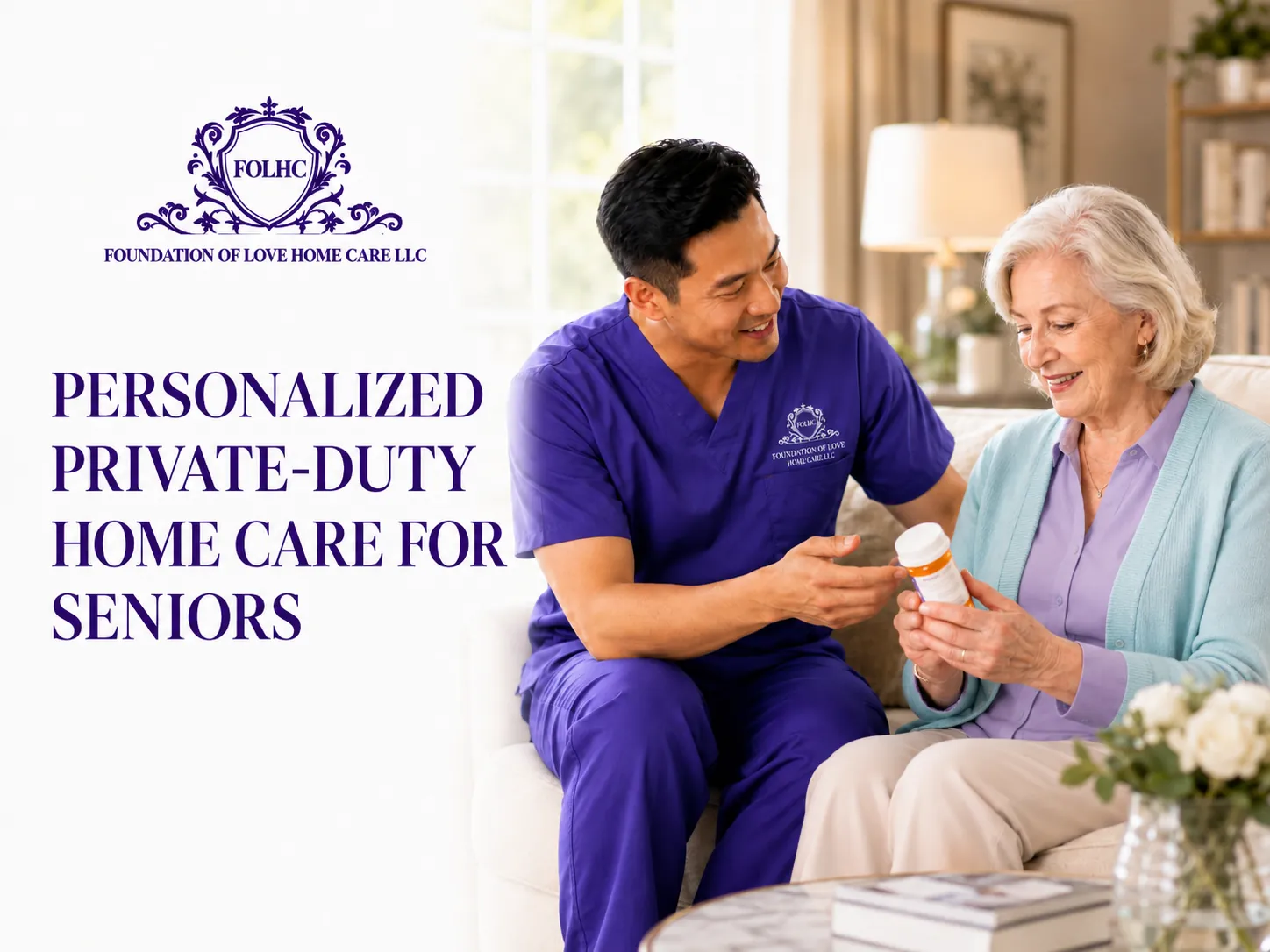 Caregiver reviewing a weekly pill organizer with a senior woman on a sofa