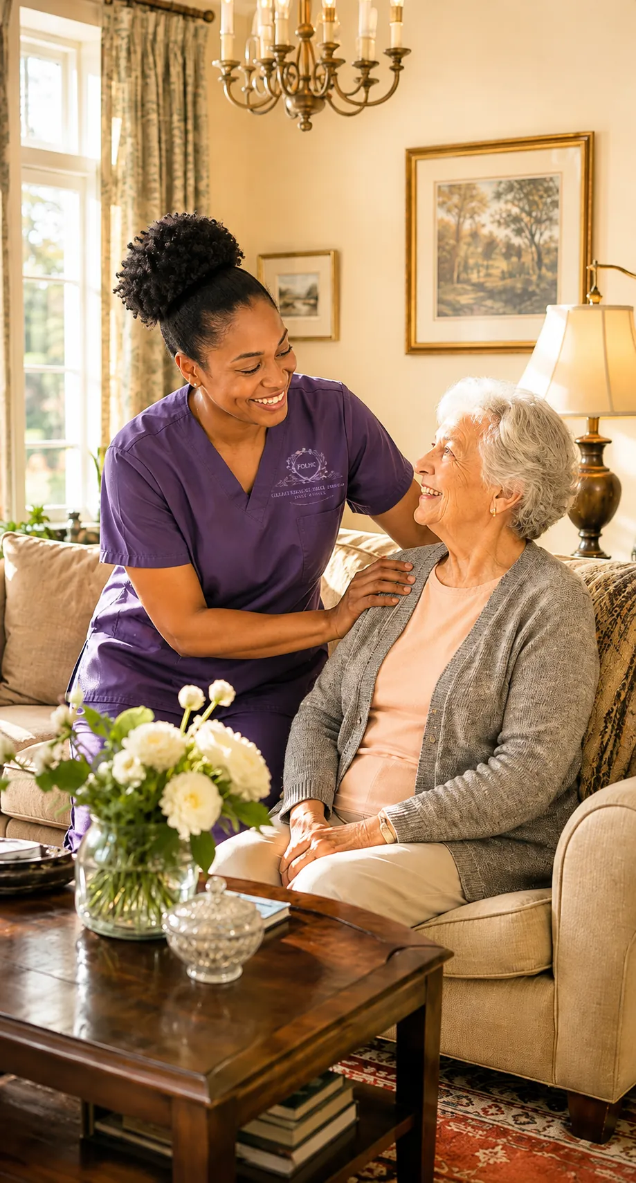 Caregiver comforting a senior woman at home