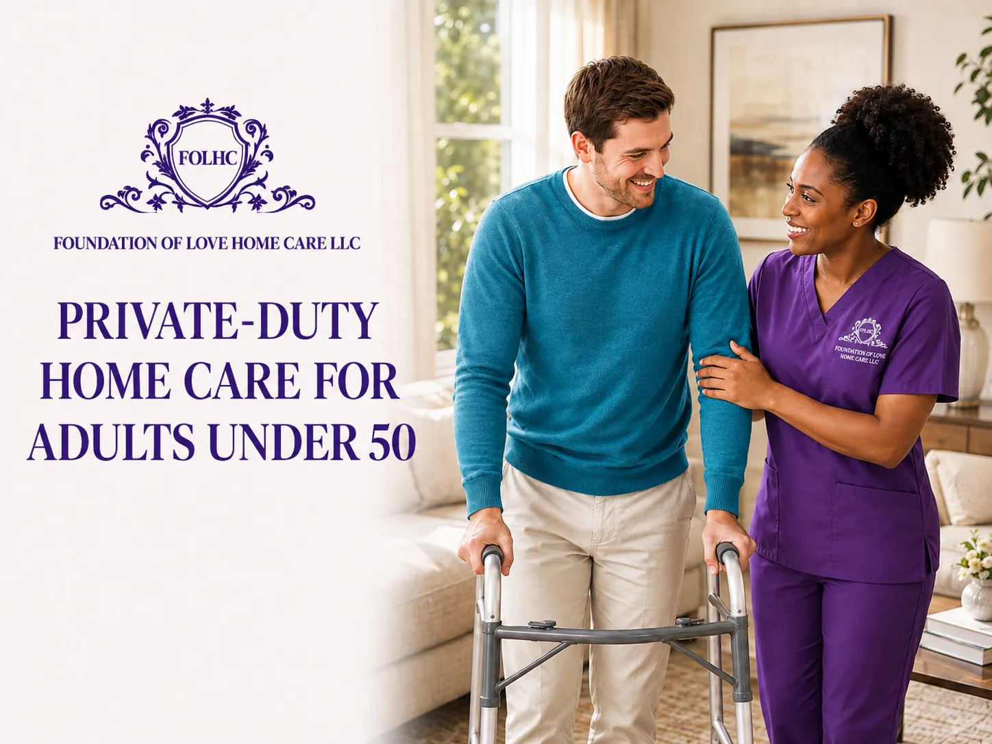Caregiver assisting a man using a walker in his living room