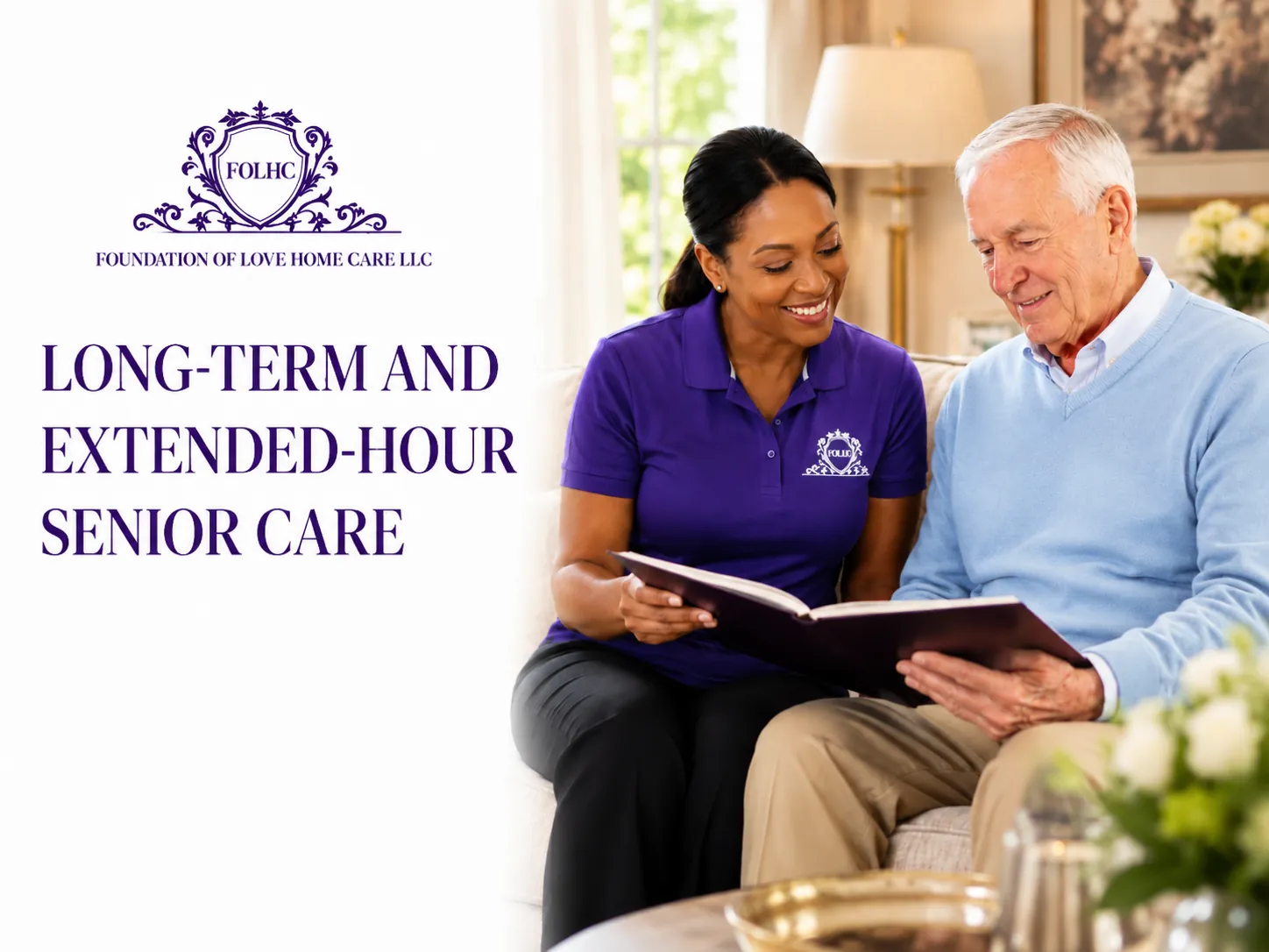 Caregiver looking through a photo album with a senior woman at home