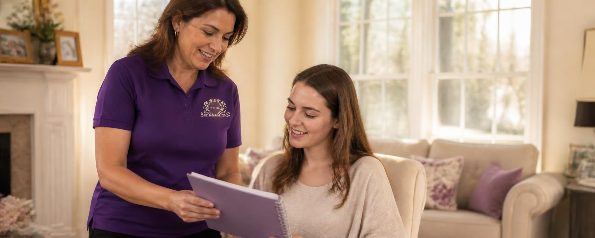 In-home care for adolescents 18 and older โ a caregiver reviewing a daily routine with a young adult