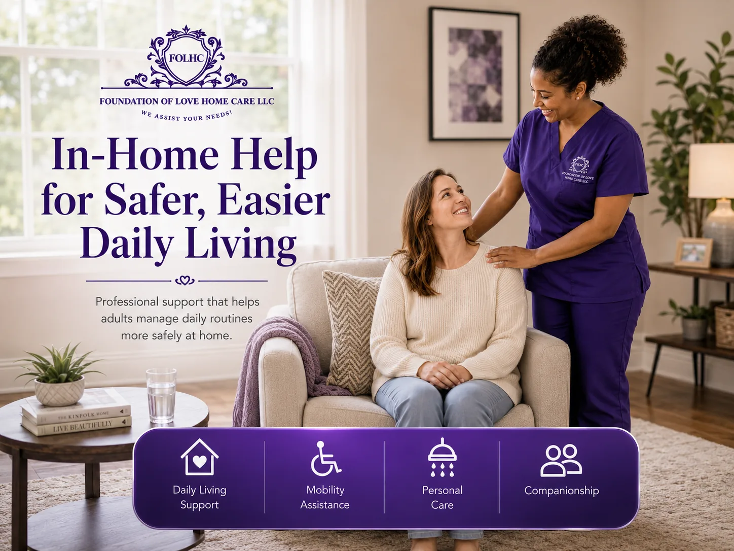 Caregiver assisting a woman with safer, easier daily living at home