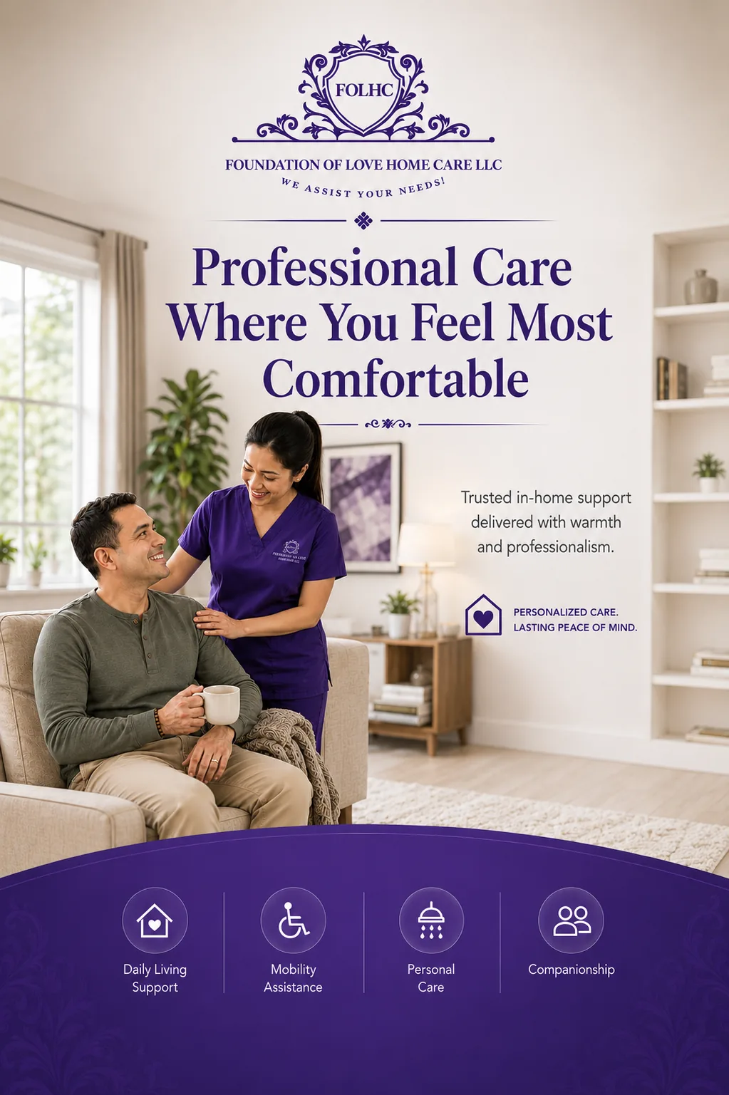 Professional care where you feel most comfortable — caregiver with an adult client at home
