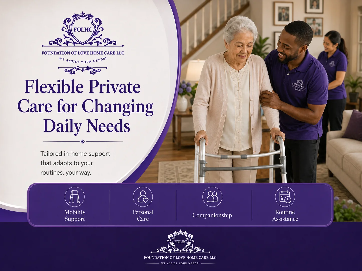 Caregiver supporting a senior woman using a walker at home