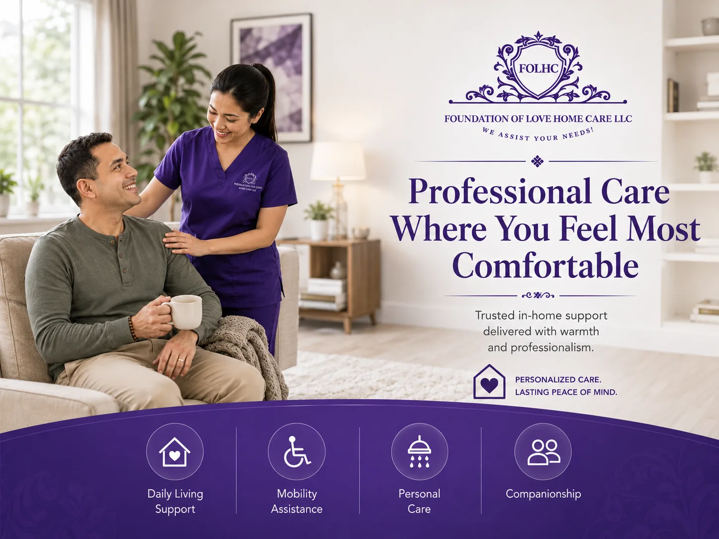 Foundation of Love Home Care caregiver with an adult client at home