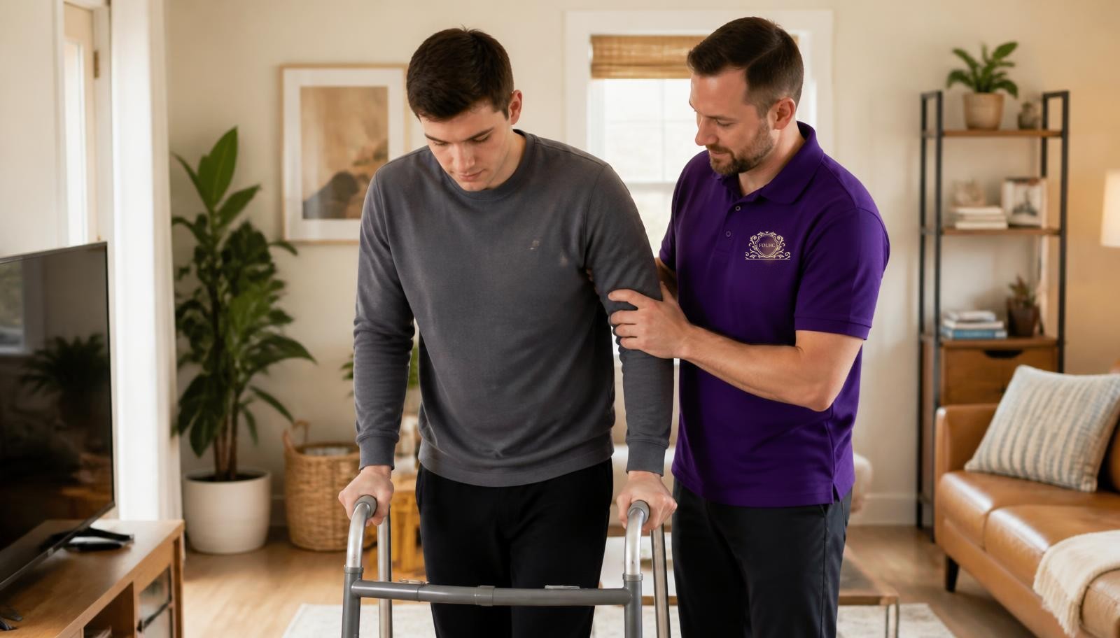 Caregiver assisting a young adult with a mobility walker at home