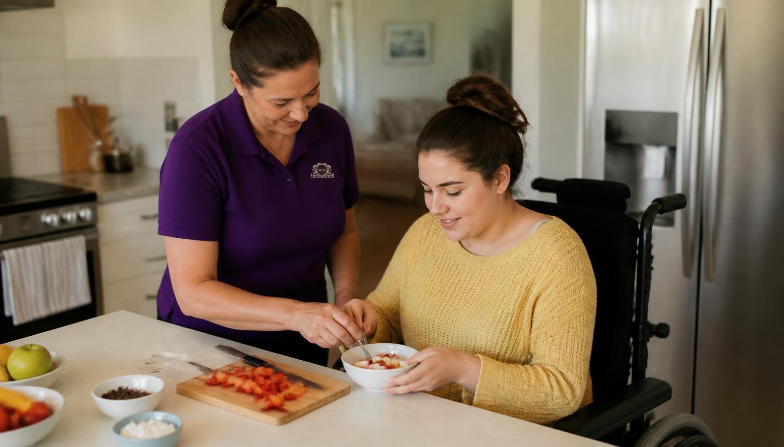 Caregiver reviewing a care plan with a young adult and his mother at home