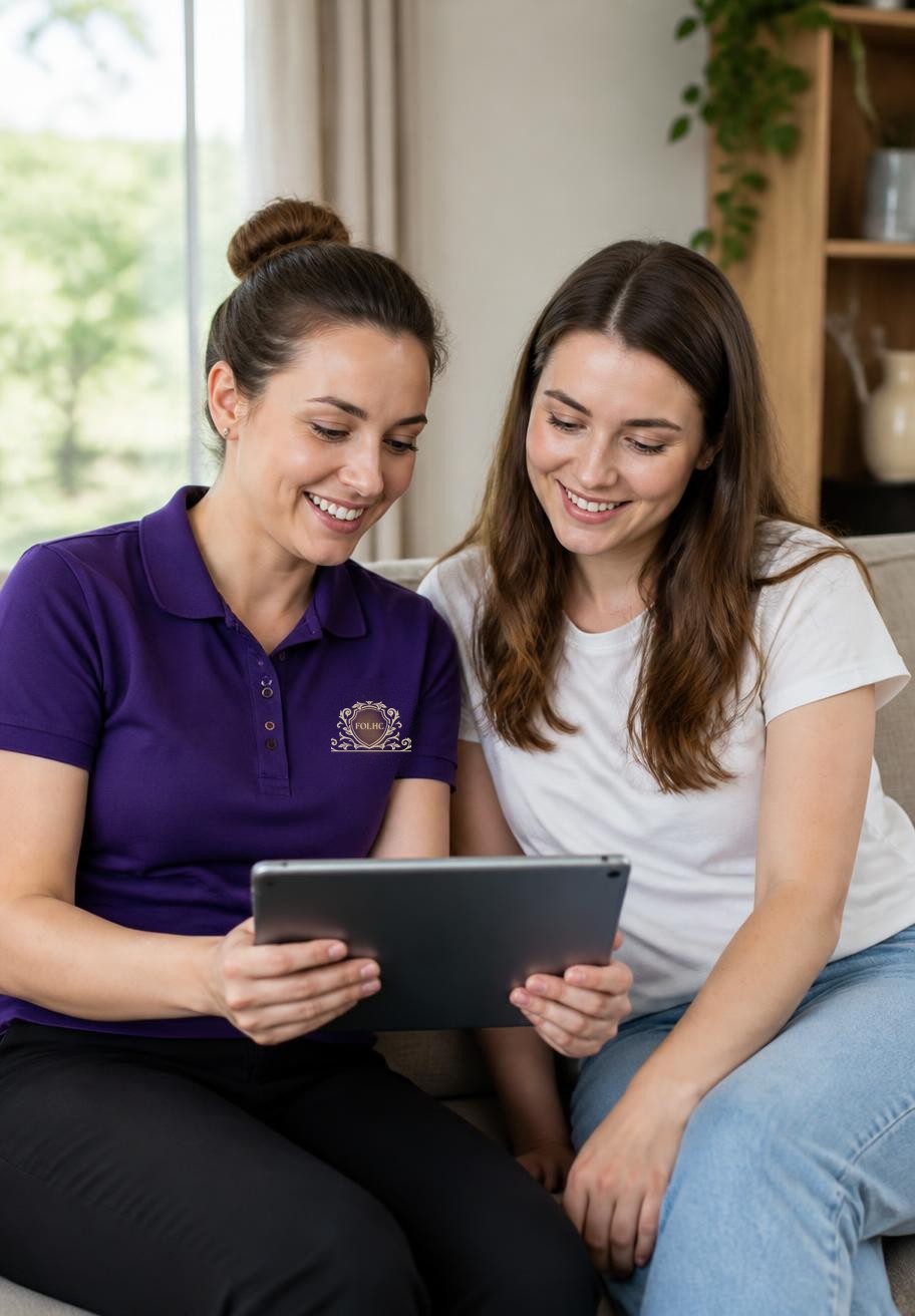 Foundation of Love caregiver with a young adult reviewing care options